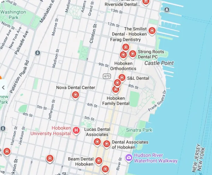 Google Maps search, dentists in Hoboken